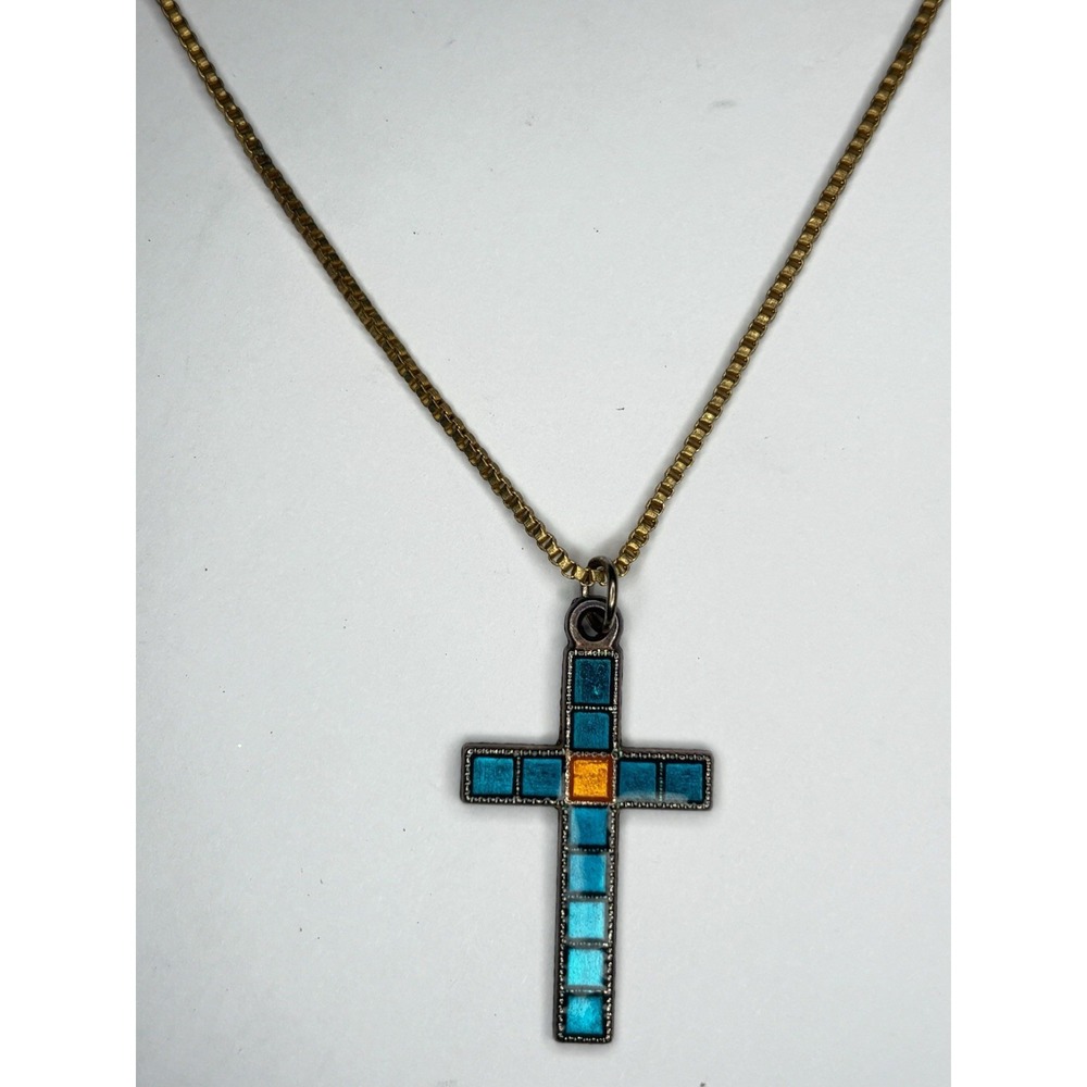Vintage Cross Pendant Teal Mosaic Look Necklace 20" Gold Tone Box Chain